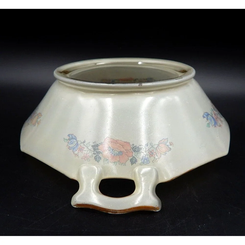 Glass Handled Serving Bowl Dish Floral Transfer Depression Glass 9 In Iridescent